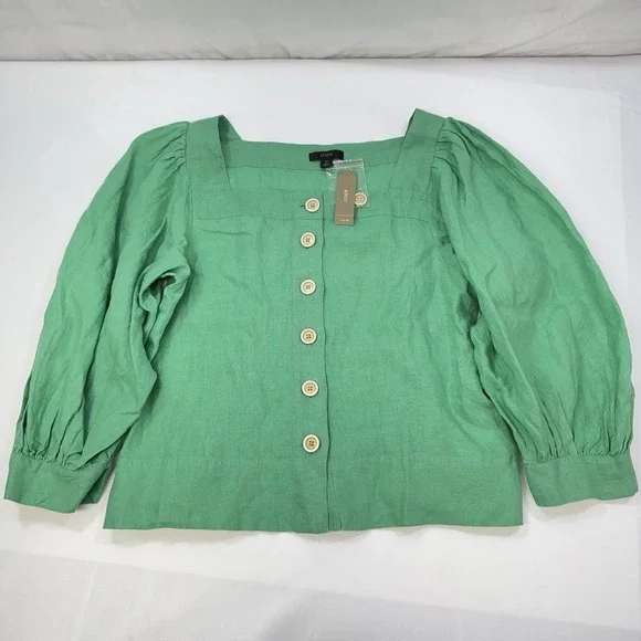 NEW J. Crew 100% Linen Women's Medium Green Top Blouse Preppy Office Puff Sleeve - Picture 5 of 12